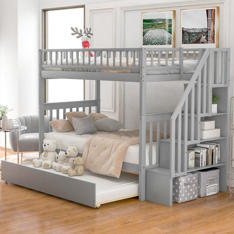 Image of Bunk Bed, Modern Twin over Twin Wood Bunk Beds with Trundle and Storage, Converted to 2 Twin Beds Frame with Ladder and Stairs for Kids Adults, Saving Space, Gray