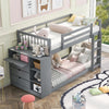 Twin over Twin Bunk Bed with Attached Cabinet and Storage Shelves for Kids, Gray