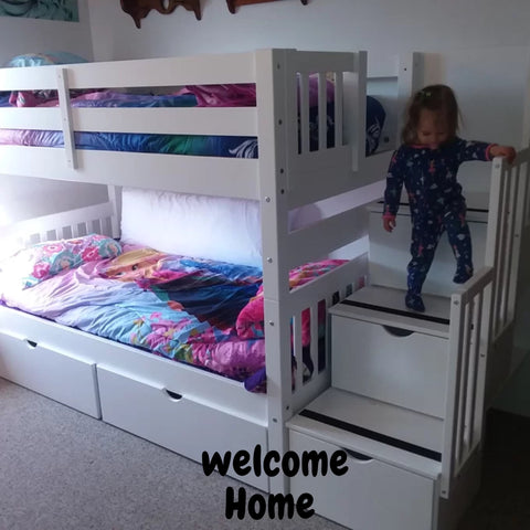 Image of Homemade Tena Solid Wood Standard Bunk Beds with Stairway & 2 under Bed Drawers