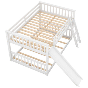 Full over Full Floor Bunk Bed with Slide and Ladder for Kids Bedroom, White