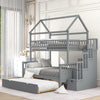 Twin over Full House Bunk Bed with Trundle for Kids, Gray
