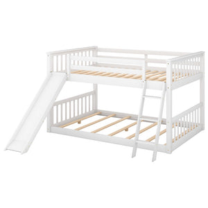 Full over Full Floor Bunk Bed with Slide and Ladder for Kids Bedroom, White