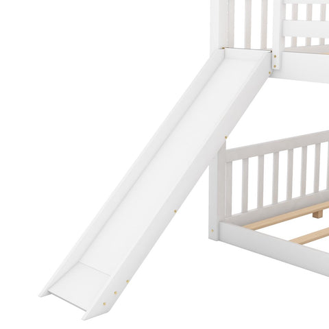 Image of Full over Full Floor Bunk Bed with Slide and Ladder for Kids Bedroom, White