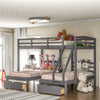 Space-Saving Triple Bunk Bed for Kids - Twin over Twin/Full, Gray Wood, with Ladder, 3 Drawers, and Full-Length Guardrails. No Box Spring Required. 10 Slats for Superior Support.