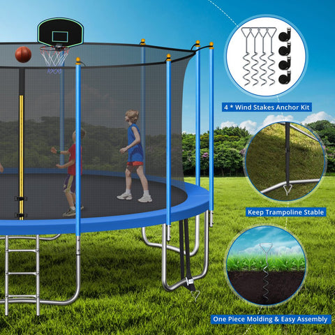 Image of 1500LBS 16FT Trampoline for Adults/Kids, Outdoor Trampoline with Enclosure Net, Basketball Hoop, Sprinkler, LED Lights, Wind Stakes, Ladder, ASTM Approved Recreational Trampoline for Backyard