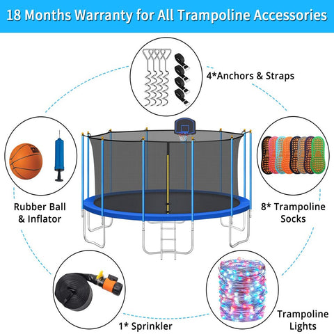 Image of 1500LBS 16FT Trampoline for Adults/Kids, Outdoor Trampoline with Enclosure Net, Basketball Hoop, Sprinkler, LED Lights, Wind Stakes, Ladder, ASTM Approved Recreational Trampoline for Backyard